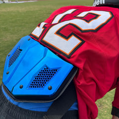 LeCool back plate mounted on shoulder pads demonstrating secure fit and stable placement