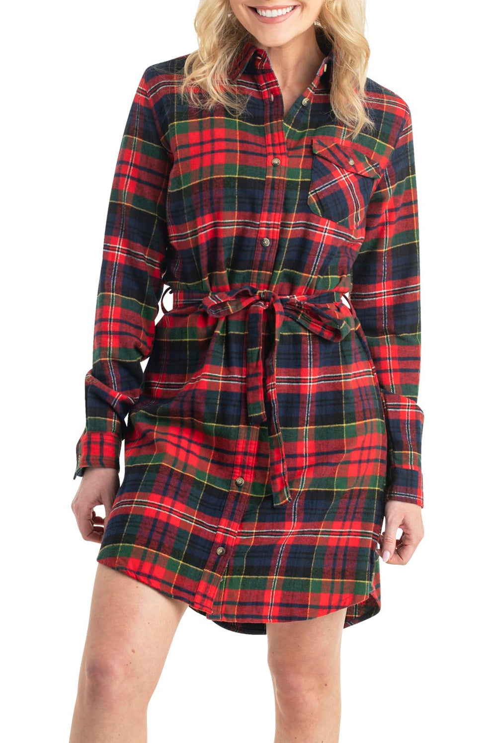 Legendary Whitetails front view of dress showing fit and button-front benefit