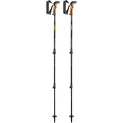 LEKI Khumbu Lite front view showing orange poles and compact packed size, ideal for travel