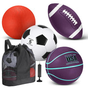 Lenwen front view showing all five balls and pump in bag, organized for convenience