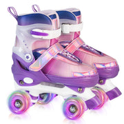 LEVYTEMP front view of gradient purple skates highlighting adjustable shell and colorful design for growing kids