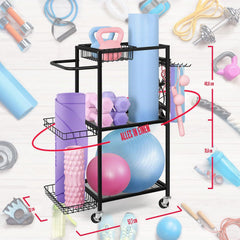 LIANTRAL side basket holding a rolled yoga mat and foam roller for tidy storage benefit