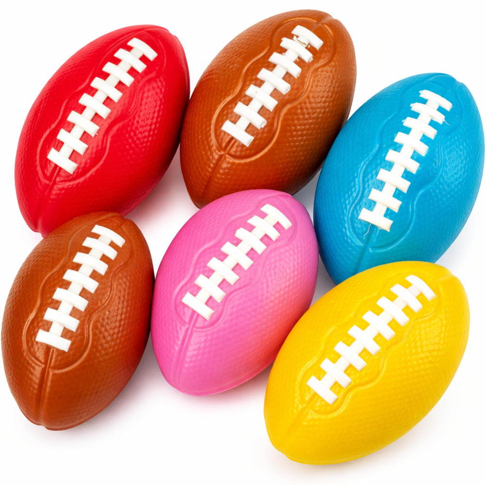 Liberty Imports front packaging showing six colorful foam footballs and quick benefit