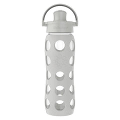 Lifefactory front view showing stone gray bottle and sleeve, durable design benefit