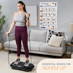 Lifepro poster beside vibration plate demonstrating a user performing a pose for quicker recovery