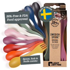 Light My Fire spork pack front view showing ten reusable utensils and compact packaging benefit