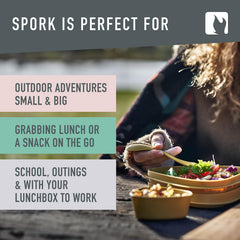 Detail of Light My Fire spork serrated edge for cutting soft foods and convenience