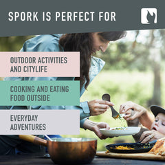 Light My Fire spork in hand showing scale and lightweight portability benefit