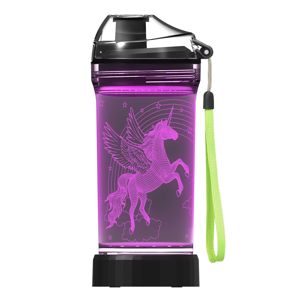 Lightzz front view of unicorn bottle showing design and size benefit