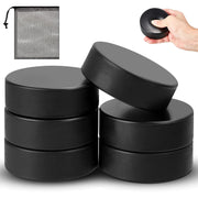 Liliful front view of six black foam pucks and mesh bag, shows compact kit benefit