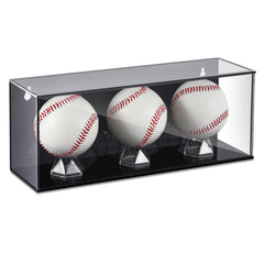 Lineshading front view of black acrylic display showing three balls clearly and attractively