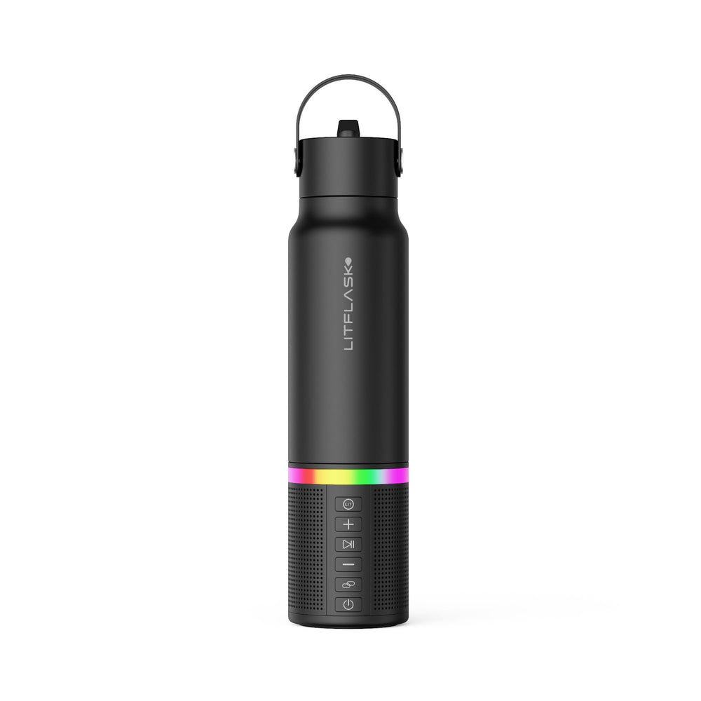 LitFlask front view showing bottle, speaker, and charger for multifunction convenience