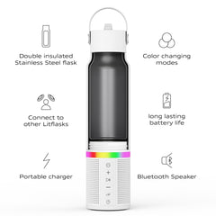 LitFlask close-up of detachable speaker, brand clear audio benefit