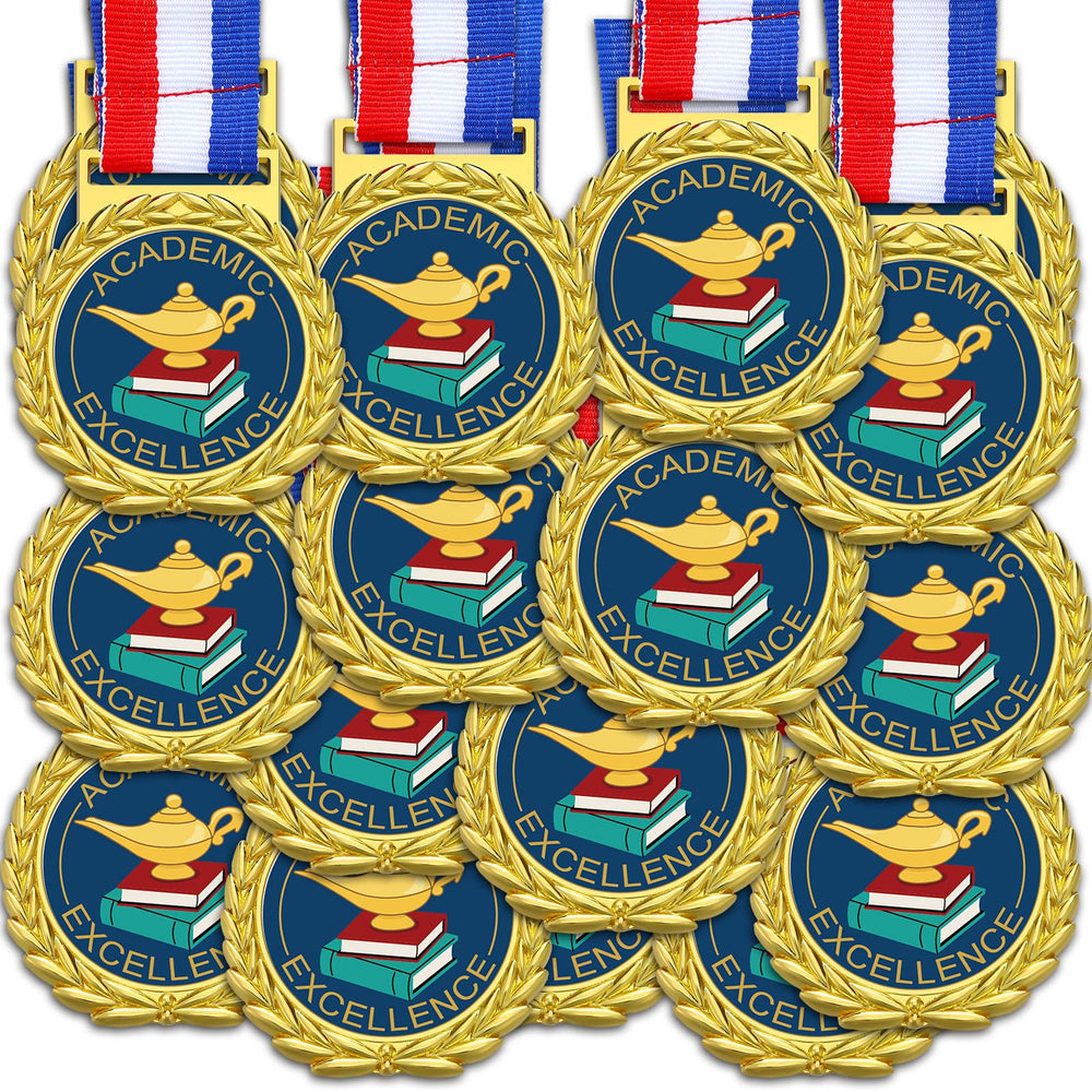 Loetere front view of gold medal and ribbons showing polished finish and instant presentation
