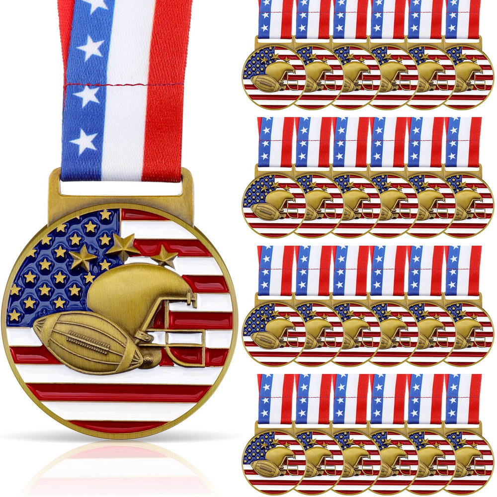 Loetere front view of gold football medal showing patriotic design and quality