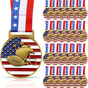 Loetere front view of gold football medal showing patriotic design and quality