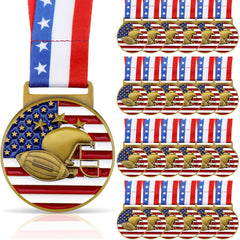 Loetere front view of gold football medal showing patriotic design and quality