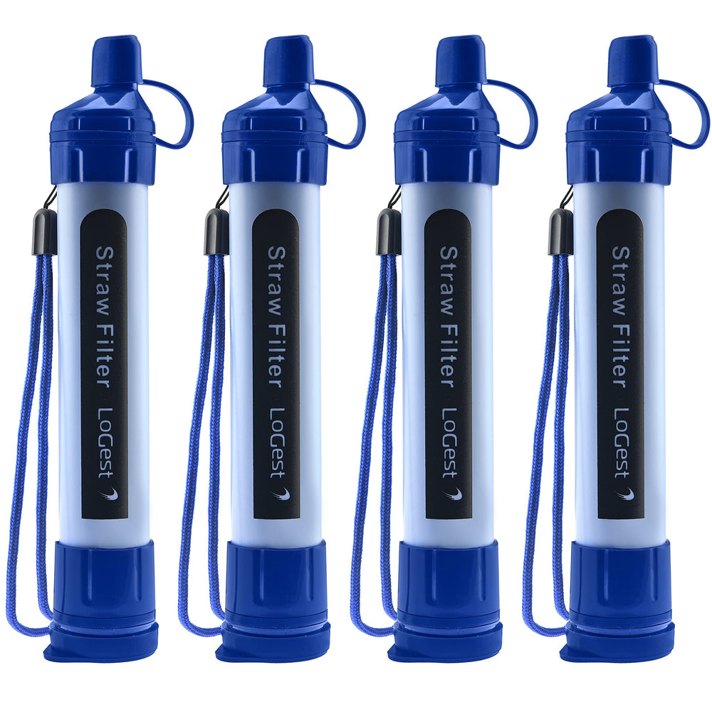 Logest front view showing four filter straws and compact packaging benefits portability
