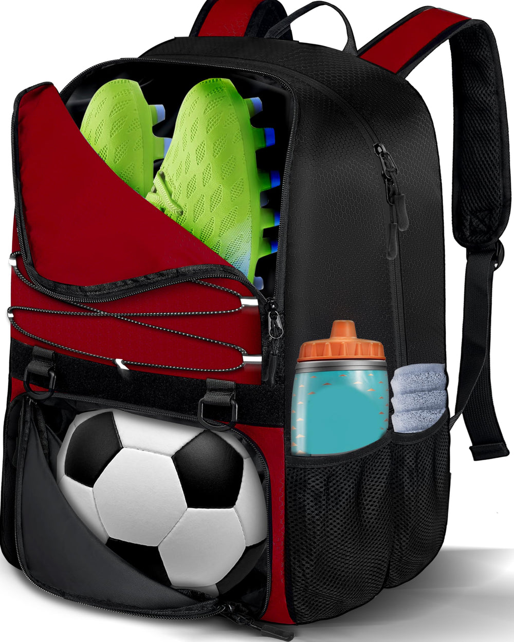 LOINTET front view of red soccer backpack showing overall pockets and durable fabric