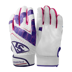Louisville Slugger front view showing purple gloves and snug fit for improved grip