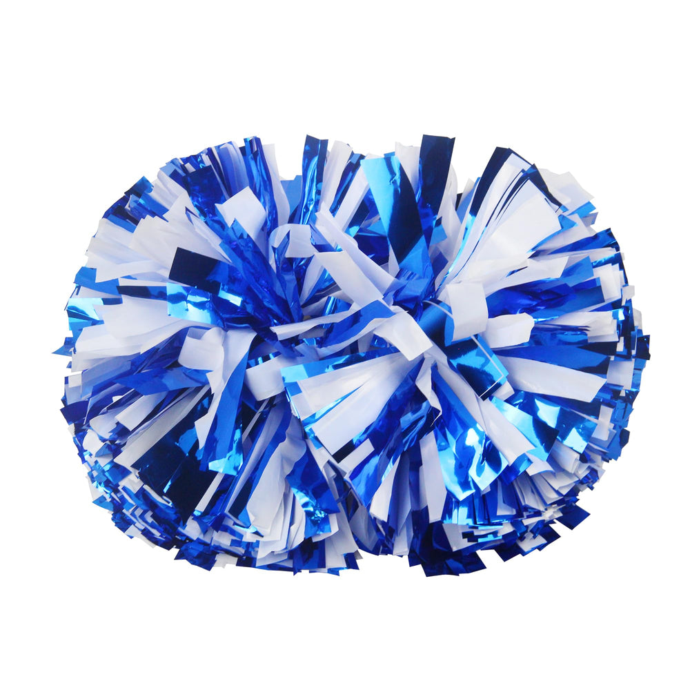 Lovecheer front view of blue and white pom poms showing vibrant colors and team visibility