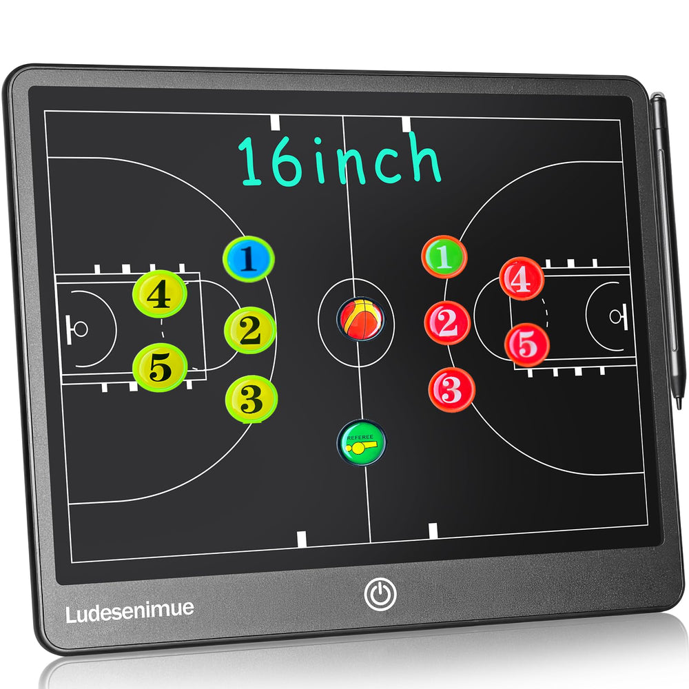 LUDESENIMUE front view of 16-inch board showing court layout and clear display benefit