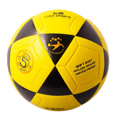 Luke Sports futvolleyball front view showing yellow vulcanized PU shell and clear branding for visibility