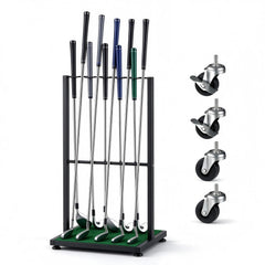 Luplom front view assembled metal rack showing organized clubs and compact profile