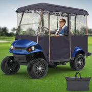LUPPLE front view of enclosure on four-passenger cart showing full weather protection