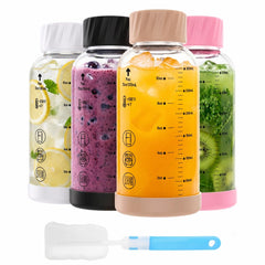 Luxfuel front view of four 12 oz glass juice bottles showing elegant set benefit