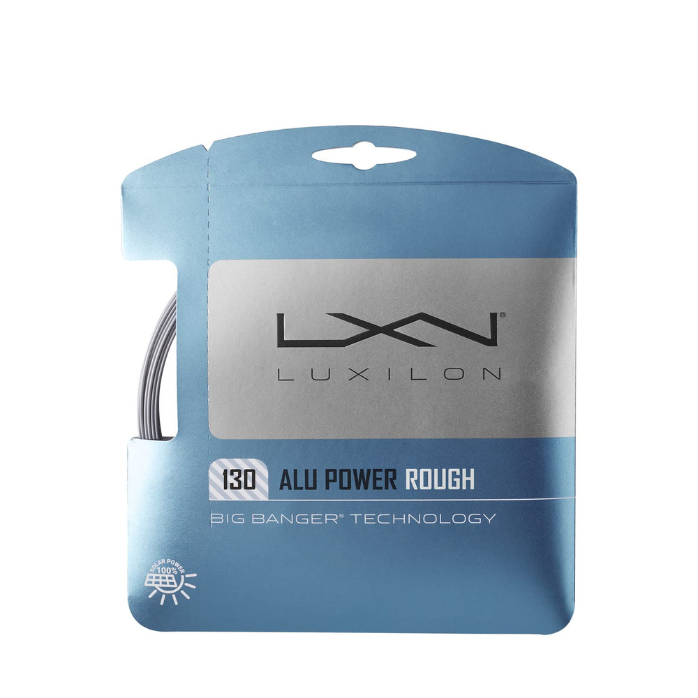 Luxilon ALU Power Rough 130 front packaging showing grey set and branding, clear product ID benefit