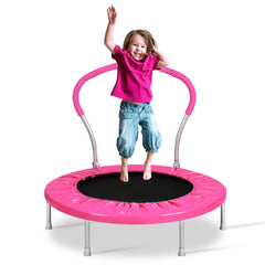 Lyromix front view of pink mini trampoline showing compact footprint and play appeal