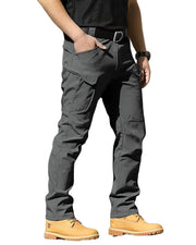 LYRXXX front view dark gray tactical pants showing pockets and fit benefits