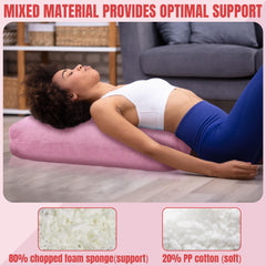 MABOZOO bolster in use under back for restorative pose demonstrating reliable spinal support