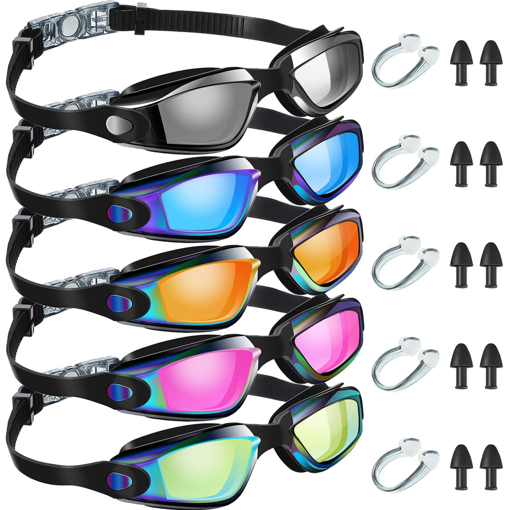 Macarrie front view of five-pack goggles showing colors and accessories convenience