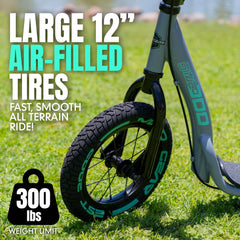 Madd Gear close-up of 12-inch air-filled tire and spoked rim for smoother ride