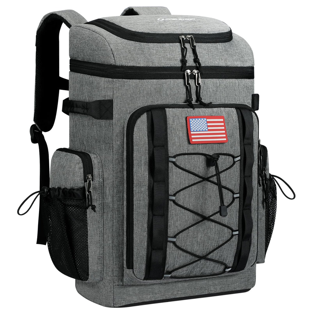 Maelstrom grey cooler backpack front view showing pockets and size benefit