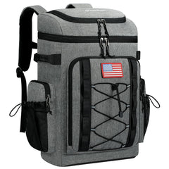 Maelstrom grey cooler backpack front view showing pockets and size benefit