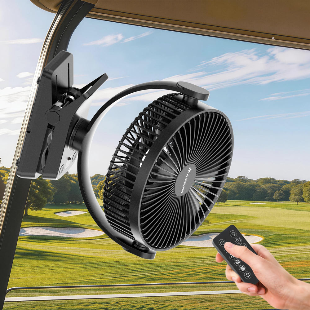 MAGOLFIN front view mounted on a golf cart showing stable cooling