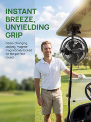 MAGOLFIN in use on a golf cart dashboard providing hands-free breeze