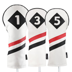 Majek retro headcovers front view shows vintage look and protects clubs