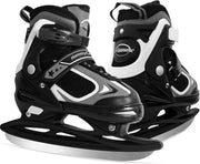MammyGol front view of black adjustable skates showing secure closures and stability benefit