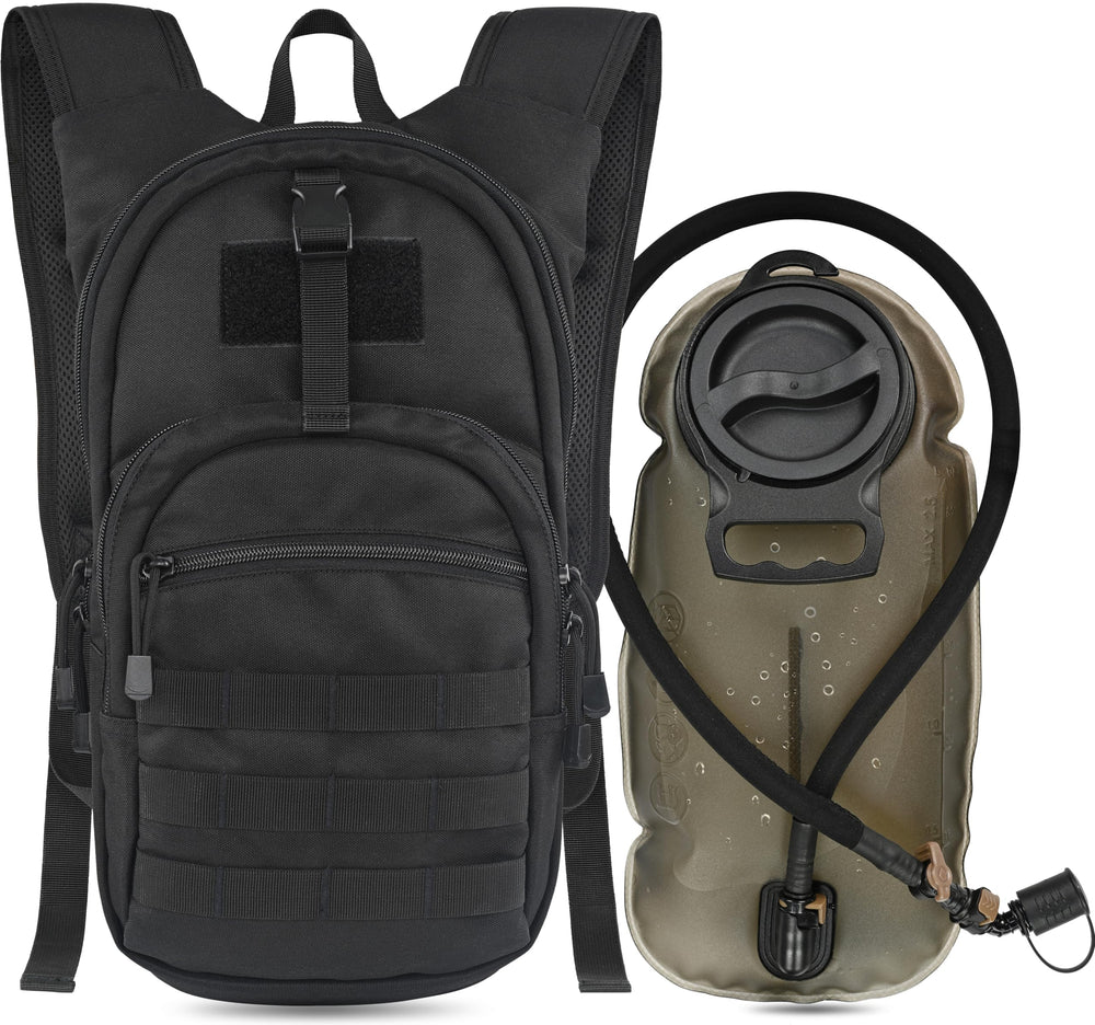 MARCHWAY front view showing compact tactical hydration pack and organized pockets