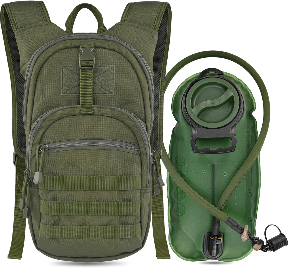 MARCHWAY front view of packed tactical hydration backpack showing organized pockets and compact profile