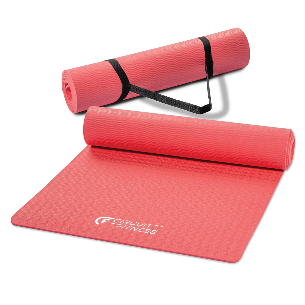 MARCY front view of coral pink mat showing full surface and logo, provides stable practice