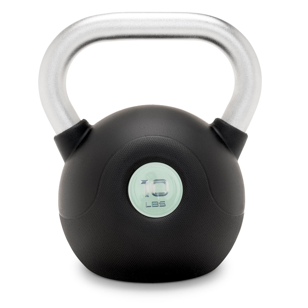 MARCY front view of 10 lb PU-coated kettlebell showing color coding and label, durable protection