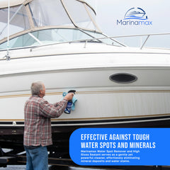 Marinamax before and after hull swipe showing restored gloss and reduced mineral staining