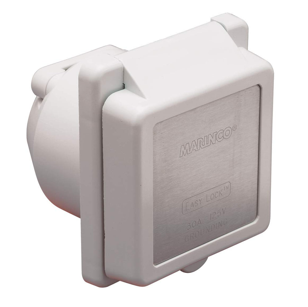 Marinco shore power inlet front view showing locking face and white finish for durable connection