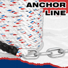 MARINE SYSTEM detail of galvanized chain joined to nylon rope showing chafe protection benefit