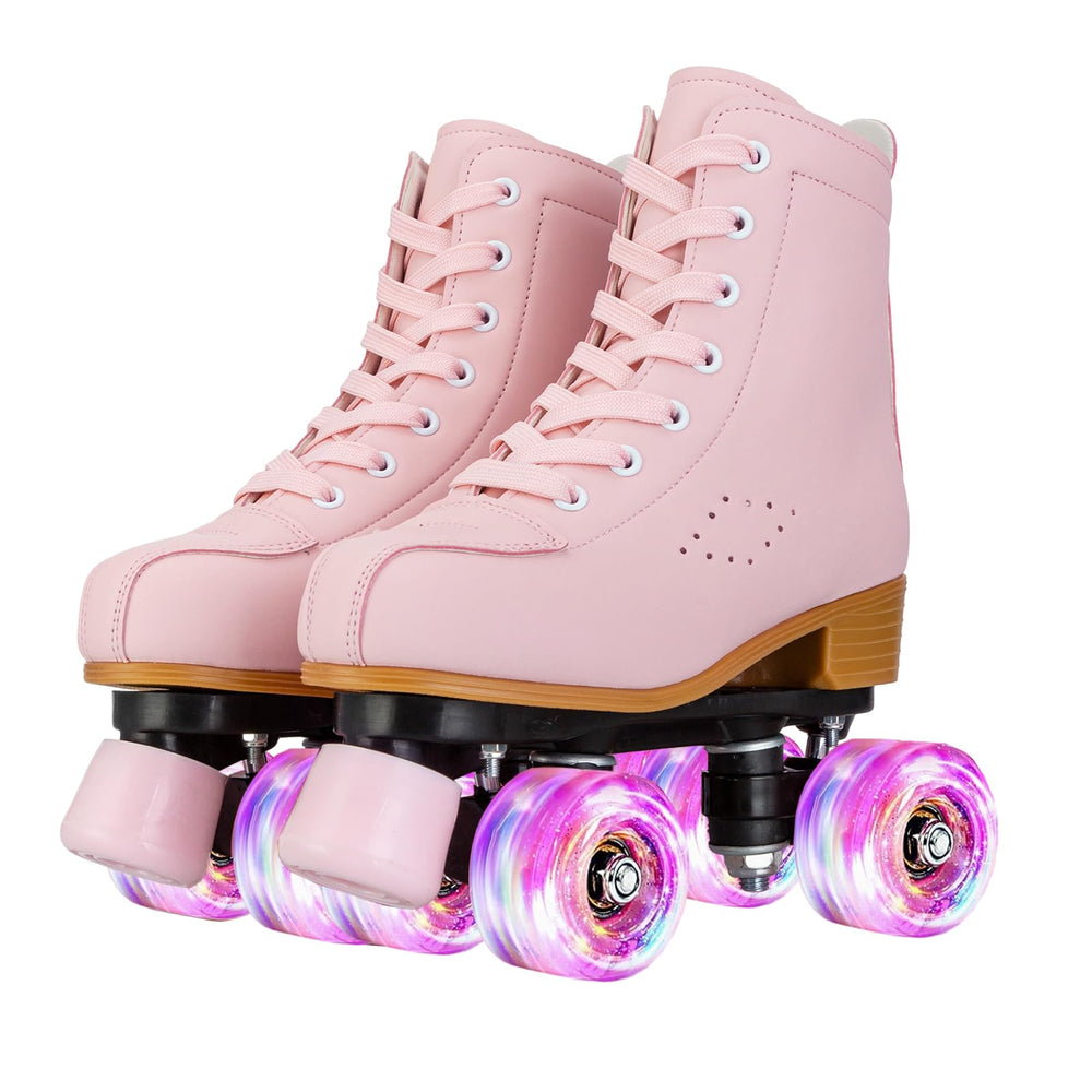 MEIGLQEA front view pink purple skates showing cute design and stability
